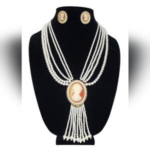 Estate Gold-Tone Victorian Style Faux Pearl & Faux Cameo Necklace & Earring Set
